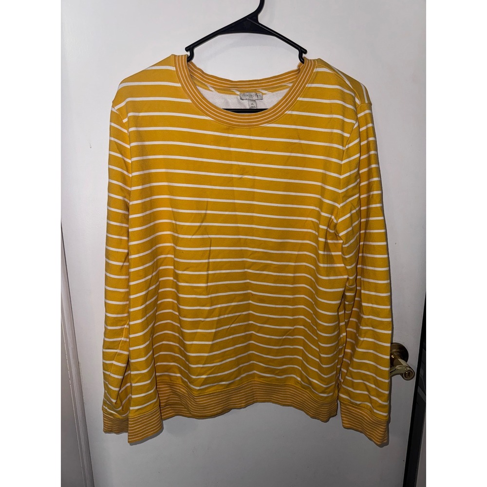 Talbots Womens XL Yellow White Striped French Terry Crewneck Sweatshirt